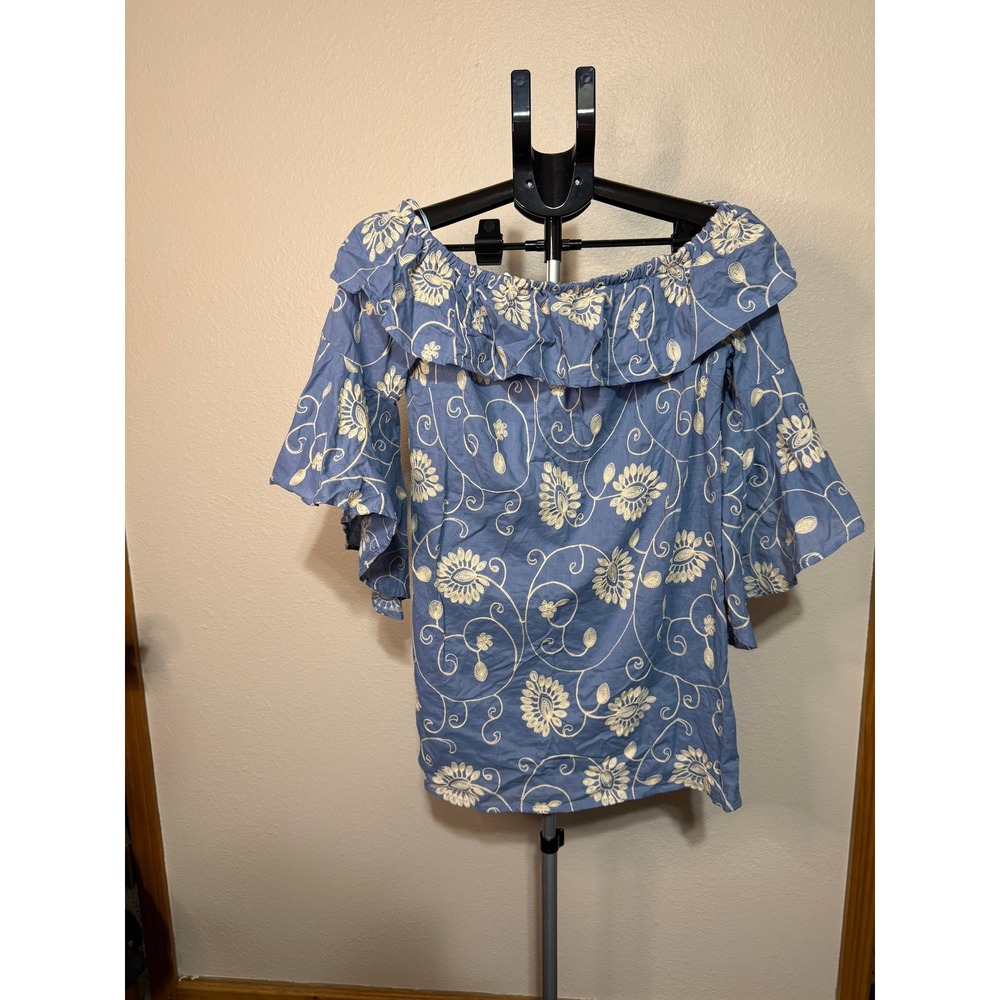 Polagram Blue Floral Embroidered Off Shoulder Bell Sleeve Ruffle Top Medium NWT‎